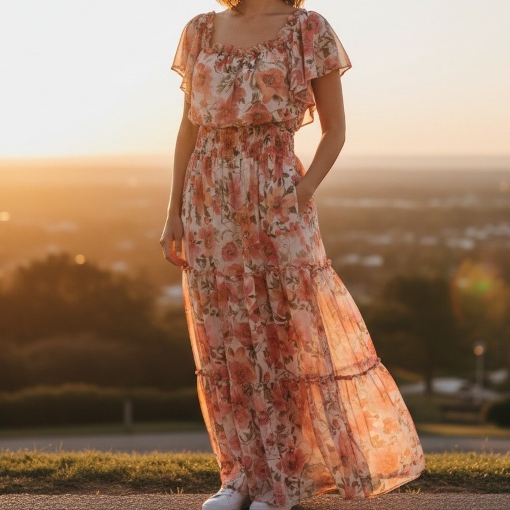 Rabbit Rabbit Rabbit Designs Floral Maxi Dress Smocked Waist Ruffle Tiered Sz 12
